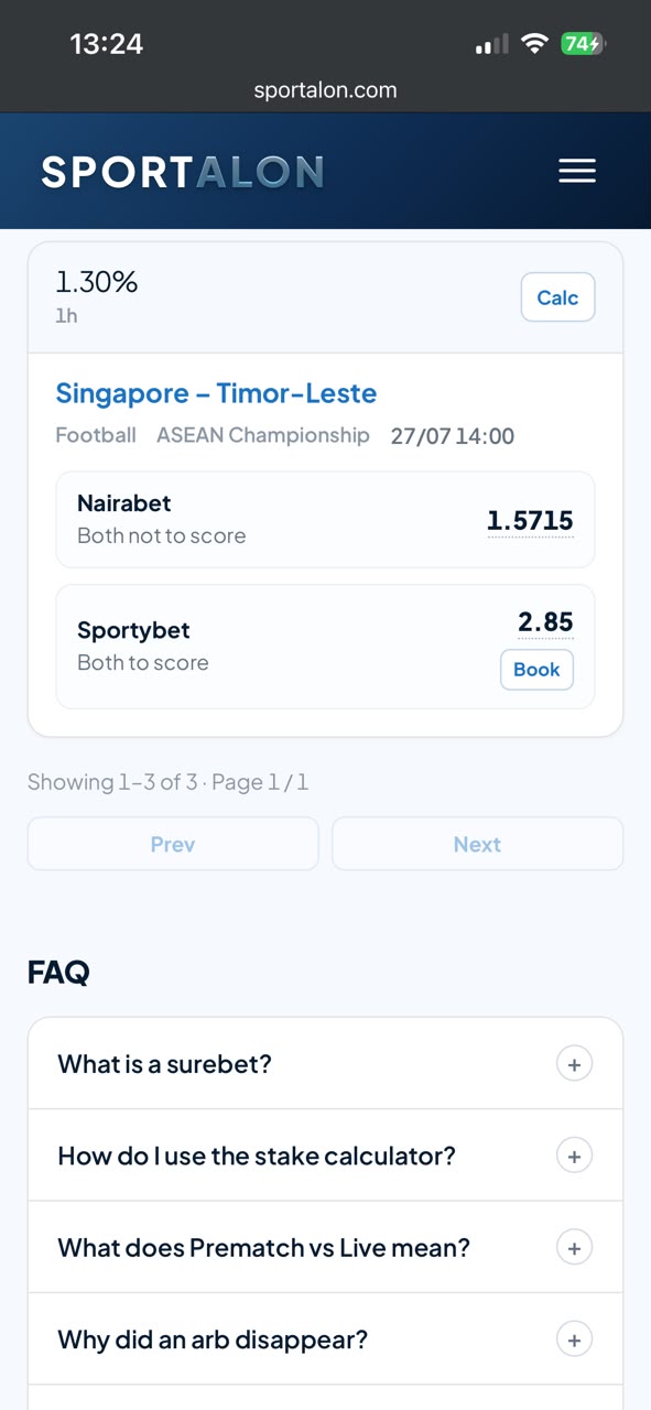 Mobile surebet: Singapore vs Timor-Leste at 1.30% on Sportalon