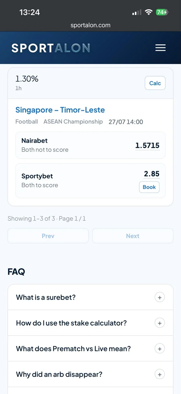 Mobile surebet: Singapore vs Timor-Leste at 1.30% on Sportalon