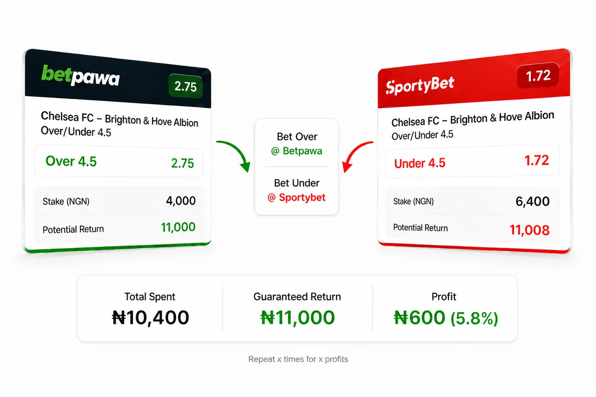 Arbitrage example: Chelsea FC vs Brighton, Betpawa Over 4.5 at 2.75 (₦11,000) and SportyBet Under 4.5 at 1.72 (₦11,008), ₦10,400 stake, ₦600 profit (5.8%). Repeat as many times as you want daily.