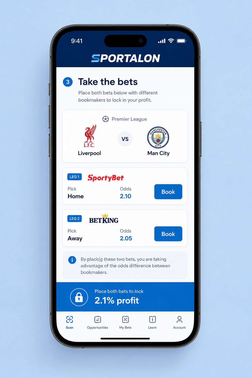 Sportalon surebet example on mobile