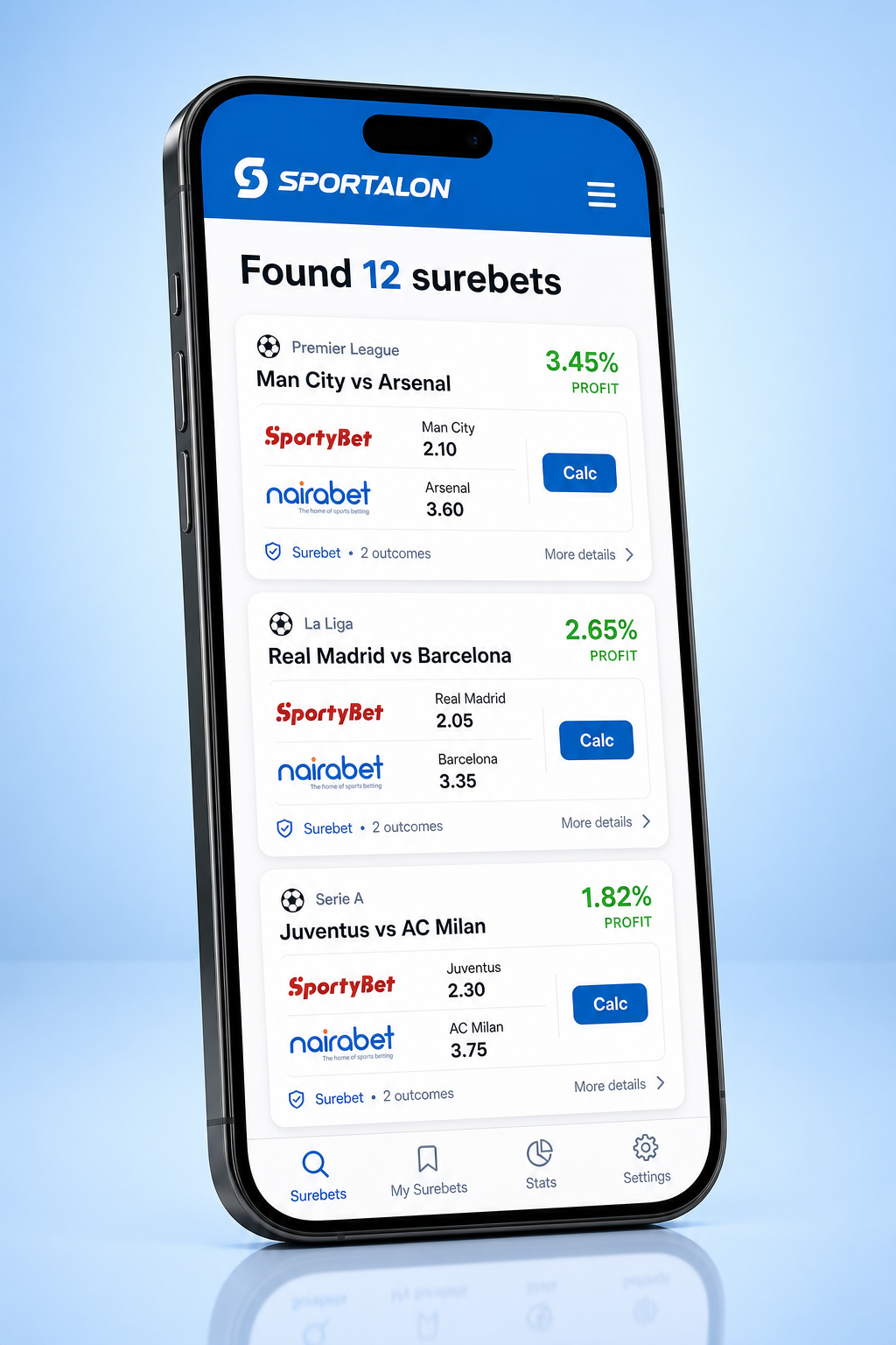 Surebets finder with African bookmakers on Sportalon