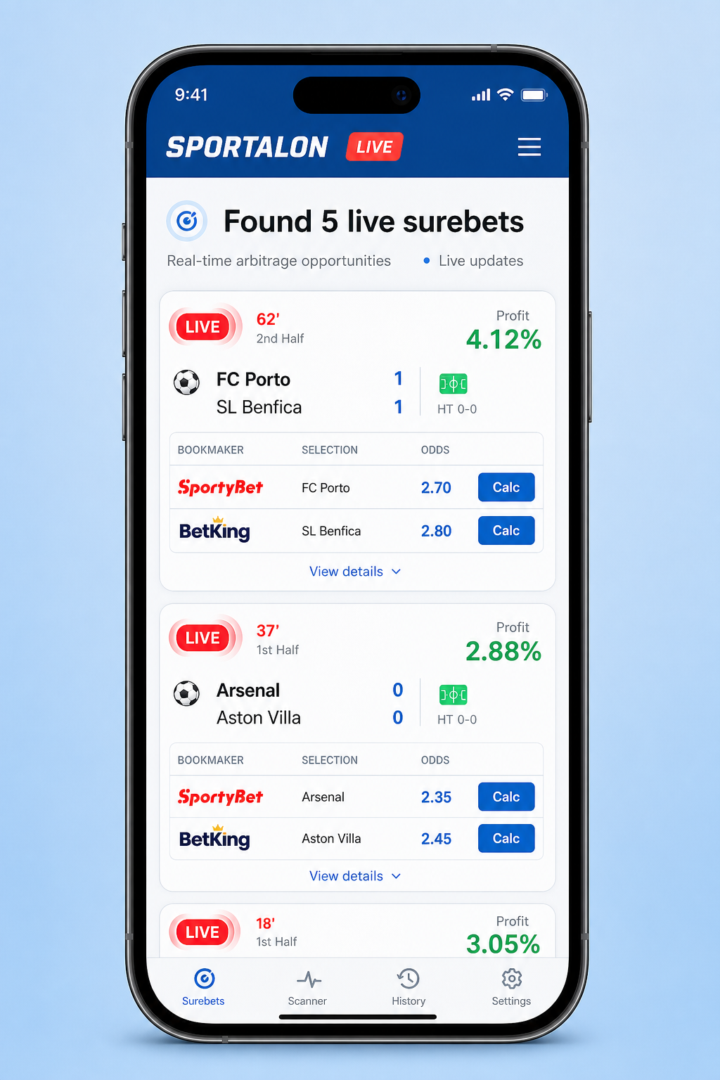 Live surebets updating in real time on Sportalon