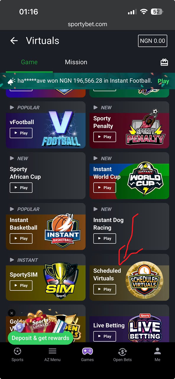 Step 2: Select Scheduled Virtual on SportyBet