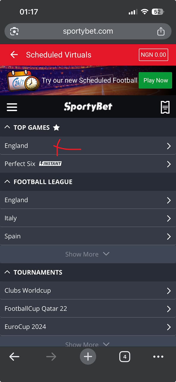 Step 3: Select England league on SportyBet
