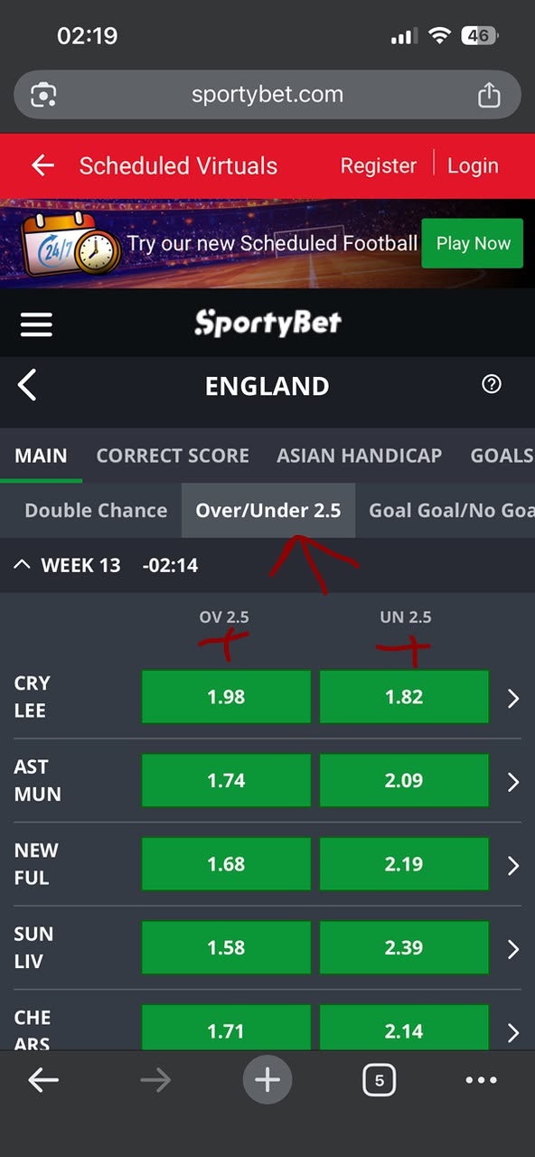 Step 5: Stake the Over/Under predictions on SportyBet
