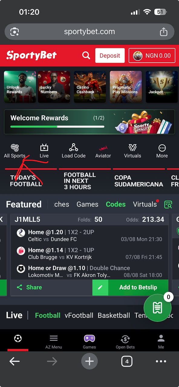 Step 1: SportyBet home screen
