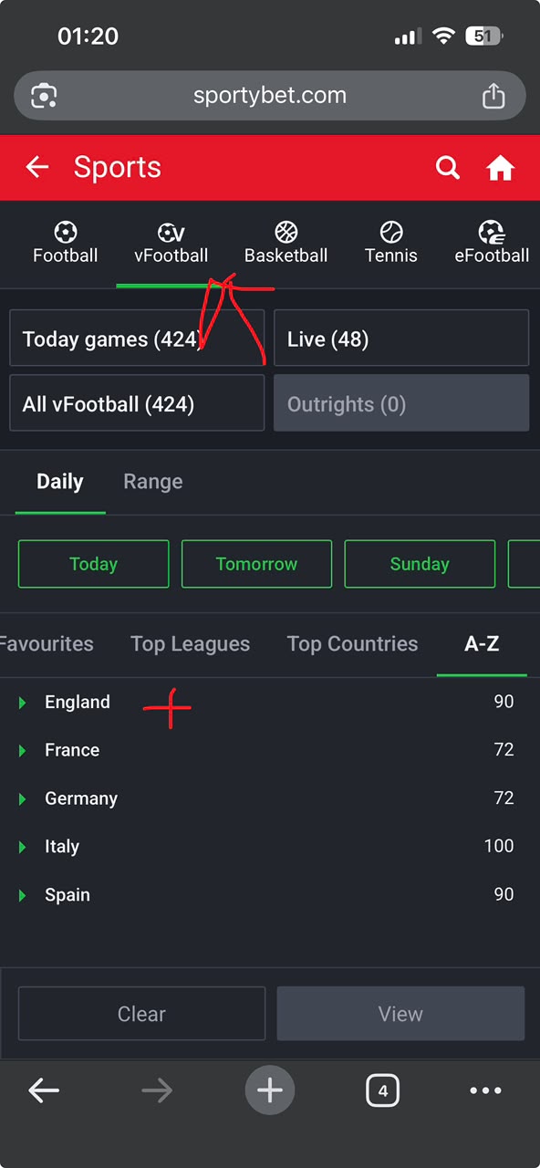 Step 2: Select vFootball and England on SportyBet