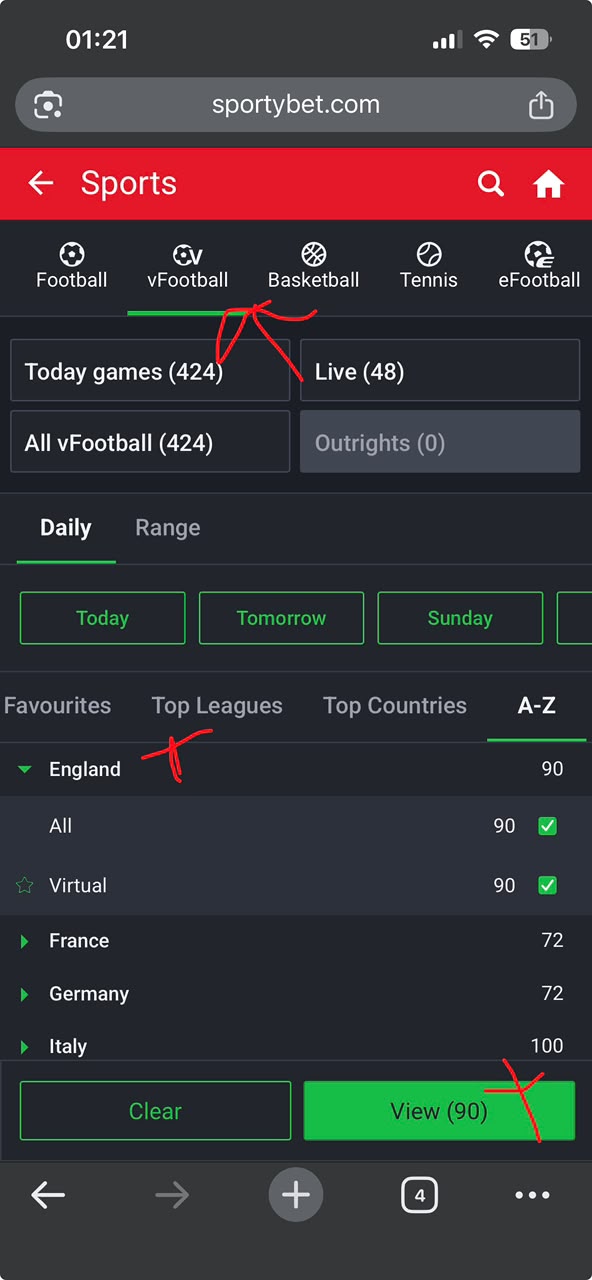 Step 3: Select England Virtual league on SportyBet