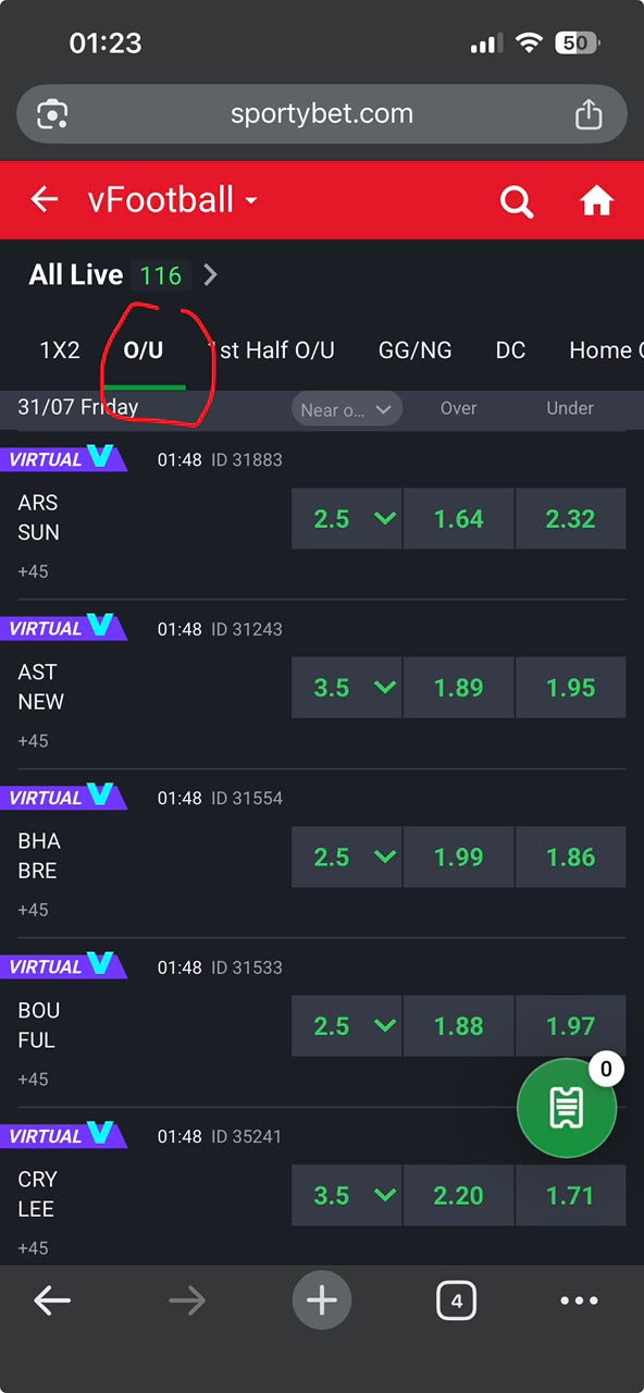 Step 5: Open Over/Under market on SportyBet vFootball