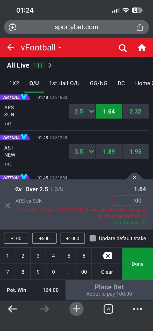 Step 6: Stake the Over/Under prediction on SportyBet